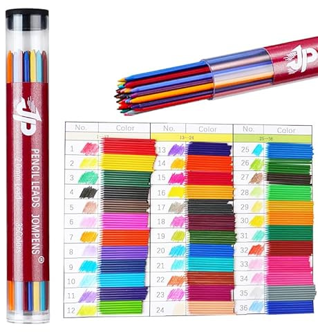 JOMPENS Druckbleistiftminen, 90 mm, 2,0 mm, in verschiedenen Farben, Schwarz/Blau/Rot, ideal zum Schreiben, Zeichnen, Skizzieren und für die Schule, 36 Stück (mehrfarbig)