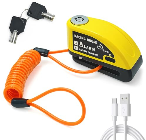 Motorrad Bremsscheibenschloss mit Alarm 110 dB, Wiederaufladbares USB-C Motorrad Schloss mit 500 mAh Akku, Robustes Aluminiumgehäuse, Wetterfest & Staubdicht, 7 mm Diebstahlsicherung für Motorrad, Rol