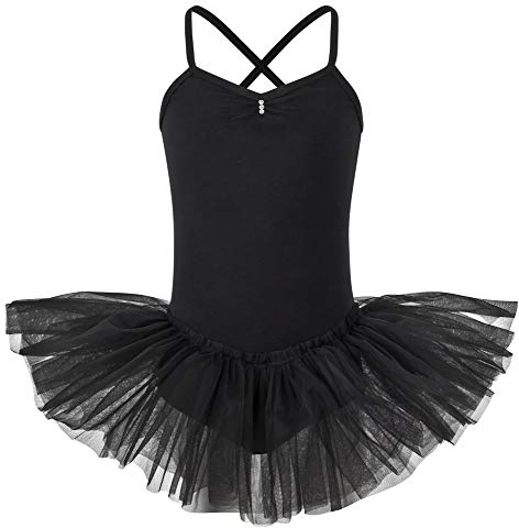 tanzmuster Ballettkleid Mädchen Tutu - Kim - weicher Baumwollstoff - Glitzersteine - Ballett Trikot mit Tüllrock für Kinder - schwarz, 140/146