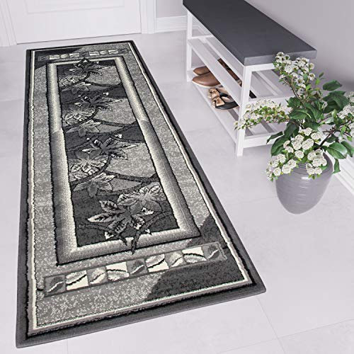 TAPISO Dream Läufer Flur Teppich Kurzflor Modern Teppichläufer Brücke Grau Creme Viereck Meliert Blätter Muster Wohnzimmer ÖKOTEX 100 x 300 cm