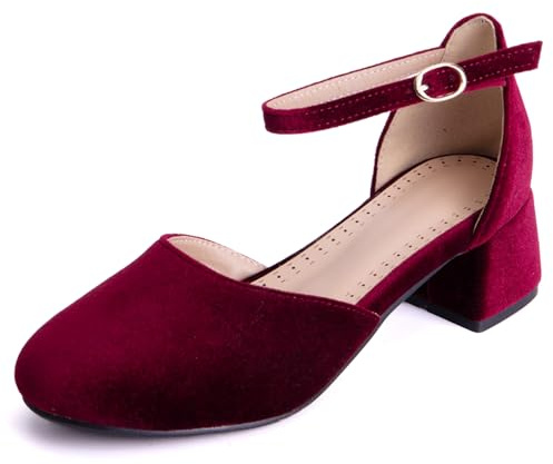 SJJH Velvet Court Shoes with Chunky Heel and Round Toe for Fashion Women Burgundy