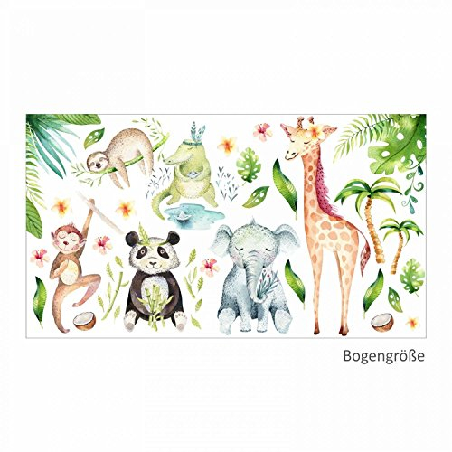 113 Wandtattoo Dschungeltiere Elefant Giraffe Panda Faultier Affe - in 6 Größen - Kinderzimmer Babyzimmer Aquarell Watercolor - schöne Wanddeko Wandbild Aufkleber Sticker - Größe 750 x 420 mm