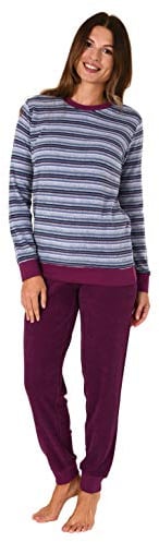 Damen Frottee Pyjama lang, Schlafanzug mit Bündchen und modischen Ringeln - 59892