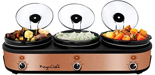 Megachef Triple 2.5 Quart Slow Cooker and Buffet Server in Brushed Copper and Black Finish with 3 Ceramic Cooking Pots and Removable Lid Rests