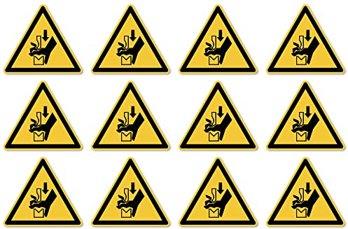 Warnung vor Quetschgefahr der Hand zwischen Werkzeugen einer Presse: W030 - DIN EN ISO 7010 / ASR A1.3 - Aufkleber: 2,5 cm, 12 Stück