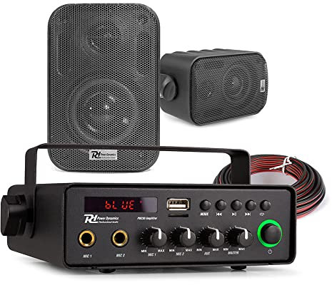 Power Dynamics 12V Outdoor Music System, Battery Powered Audio Amplifier with Bluetooth, AUX, 2x Weatherproof Speakers, Compact Vehicle Sound Kit, Caravan & Van PA Solution, Black