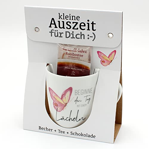 Geschenkset - kleine Auszeit - Tee,- Kaffeebecher/Tasse aus Porzellan+Tee+Schokolade, Motiv: Beginne den Tag mit einem Lächeln, Größe H/Ø: 9,8x8,2 cm, Fassungsvermögen 250 ml, Spülmaschinengeeignet.