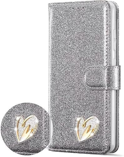 DN-Technology For iPhone 14 Case, iPhone 14 Phone Case, Heart Diamond Glitter Case for Girls, Designer Wallet For Women, Sparkly Phone Cover Flip Phone Case for iPhone 14 (SILVER)