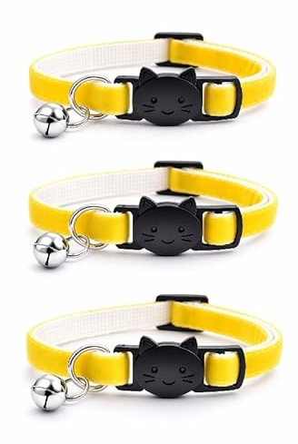 Velvet Cat Collars with Bell. Safe Breakaway Quick Release Buckle. Available in Cat & Kitten Size (Pack of 3) (Cat Collar (20cm - 30cm), Lemon Yellow Velvet (Pack of 3))