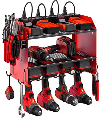 CCCEI Power Tool Organizer with Charging Station, Garage Metal Storage Rack Built-in 8 Outlets, Wall Mount, Heavy Duty Workshop Tool Shelf, for Drill Holder.