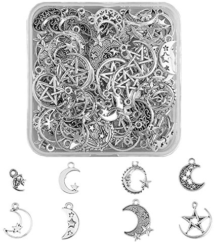 SUPERFINDINGS 112 Stück 8 Arten Mond Anhänger Legierungs Charme Anhänger Antikes Silber Himmlische Baumeln Korn Charme Hohler Mit Stern Anhänger für Die DIY Schmuckherstellung, Bohrung:1.4~2mm