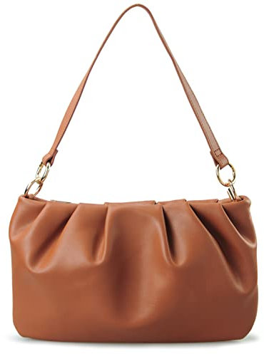 Damen-Handtasche mit gerüschten Schultern, Hobo-Tasche, wandelbar, weiches veganes Leder, Umhängetasche, Braun