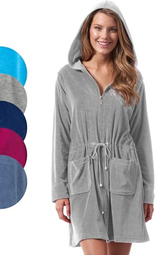 Morgenstern Bademantel Damen leicht Reißverschluss und Kapuze Grau L Baumwolle Hausmantel Frauen weich frottee zipp kurz leicht large