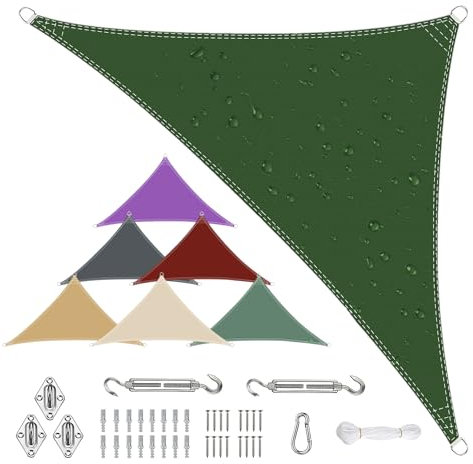 Sichtschutz Sonnensegel Wasserdicht Dreieckigig 7x7x8m aus PES-Polyester 95% UV-Schutz Witterungsbeständig Reißfest Viele Größen und Farben mit Befestigungsset für Terrasse Garten, Grün