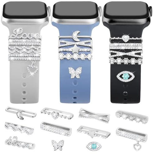 JR.DM 11 st Super Bling Apple Watch-berlocker med 9 st dekorativa ringöglor och 2-delad prickig dekoration kompatibel med Apple Watch Band 38 mm 40 mm 41 mm 42 mm 44 mm 45 mm metalldiamanter