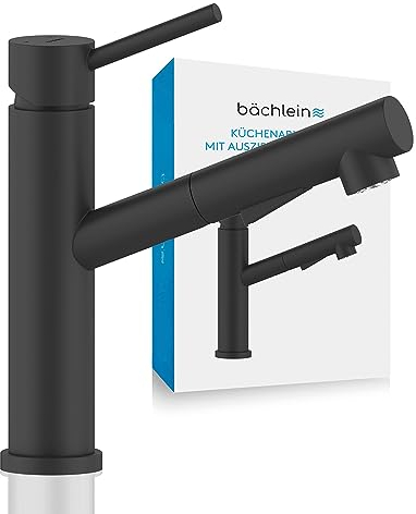 Bächlein Küchenarmatur (matt schwarz) – Einhand-Spültischbatterie aus Edelstahl mit ausziehbarem Schlauch und Brause mit Umschalt-Taste, Wasserhahn für die Küche