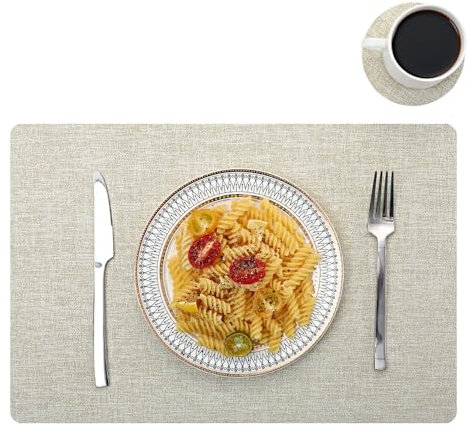 Leather Placemats and Coaster Sets 6, Large Table Mats, Waterproof & Heat Resistant Place Mats(Beige)