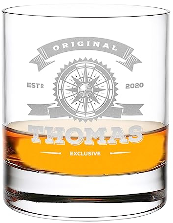Whisky-Glas 315 ml Volumen mit personalisierter Gravur - mit Namen veredelt - Tumbler für echte Kerle - geeignet für Scotch und Bourbon - Geschenkidee zum Vatertag - mit Motiv Original Kompass