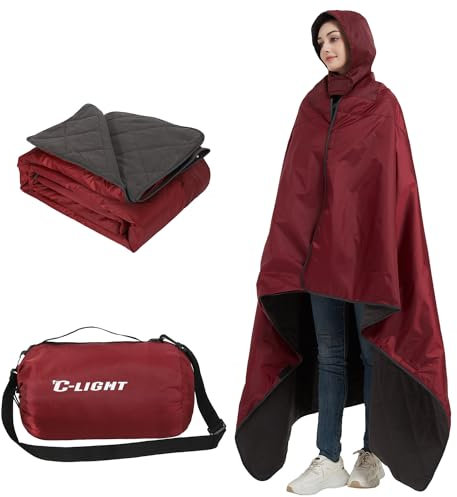 C-LIGHT Outdoor Hooded Blanket, Wearable Stadium Blankets Waterproof Windproof, Emergency Warm Blanket for Rain&Cold Weather - Perfect for Picnic, Camping, Outdoor Sports, Stadium,Beach (WineRed)