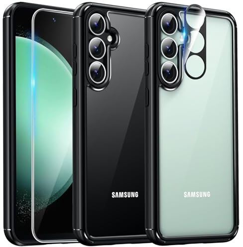 TAURI 5 in 1 für Samsung Galaxy S23 FE Hülle, Handyhülle für Samsung S23 FE Case,1 Handyhülle + 2 Stück Schutzfolie + 2 Stück Kameraschutz, Anti-Gelb Stoßfest Case 360 Grad Schutzhülle - Schwarz
