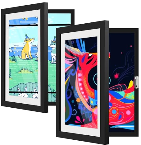 2 Pack Kids Art Frames Front Opening A4, Childrens Artwork Display Storage Frame Changeable, Child Multiple Picture Frame Drawing Hanging Art, Hold 150 PCS, Black