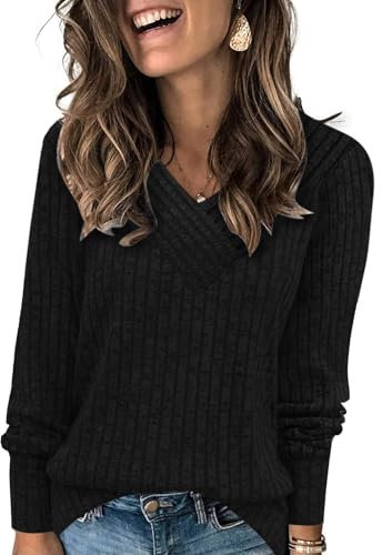 Famulily Women's Jumpers Knit Long Sleeve, Ladies Black V Neck Casual Warm Longline Tops (L, Black)