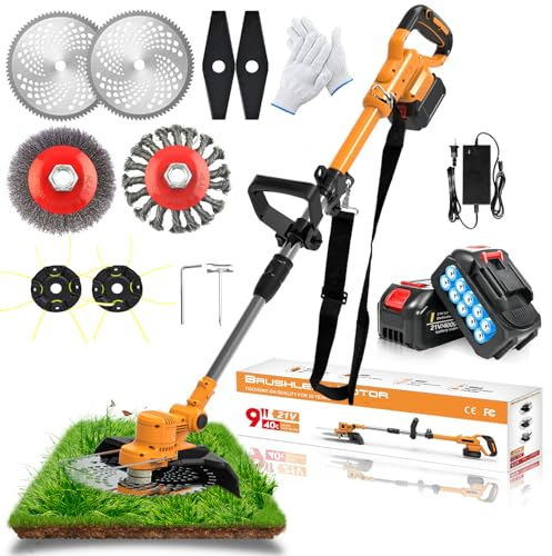 Decespugliatore a Batteria Tagliabordi a Batteria Brushless con 21V 2 Batterie con a 90° e Caricatore, Testata Regolabile e Maniglia Telescopica per Giardino Potatura