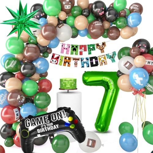 Pixel Luftballon Geburtstagsdeko 7 Jahre, 81 Stück Miner Kindergeburtstag Gamer Party Deko, Happy Birthday Banner Gamer Folienballon Spiel Luftballon Geburtstag Deko für Jungen Kinder