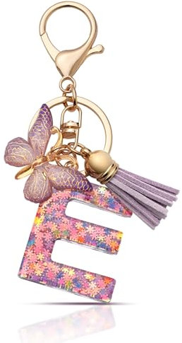 CHUQING Portachiavi da ragazza, con lettera e ciondolo a farfalla, con lettera iniziale, regalo, Lilla e, S