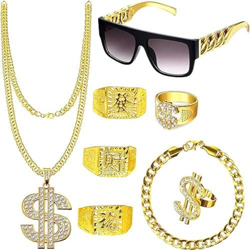 BUKYCAT 8 Stück Goldene Dollar Kette, Goldene Dollar Kette Set, Zuhälter Kostüm Set, Goldkette Rapper Kostüm mit Dollar Kette & Ringe, Hip Hop Kostüm Kit Herren,Rapper Zubehör,80er 90er Mottoparty