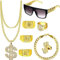 BUKYCAT 8 Stück Goldene Dollar Kette, Goldene Dollar Kette Set, Zuhälter Kostüm Set, Goldkette Rapper Kostüm mit Dollar Kette & Ringe, Hip Hop Kostüm Kit Herren,Rapper Zubehör,80er 90er Mottoparty