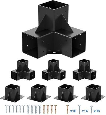 Vlaeng Pergola Kit 4x4(Actual: 3.64x3.64)-8 Pack Pergola Brackets 4x4-3 Way Right Angle Corner Bracket with Post Base-DIY Woodworks Gazebo Brackets Hardware Kit for Wood Beams Sunroom Carport Cabin
