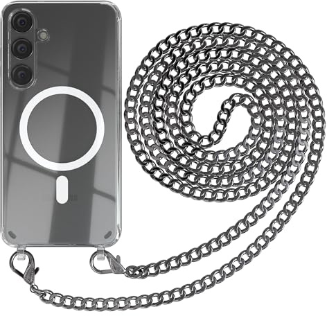 EAZY CASE - Handykette kompatibel mit Samsung Galaxy S24 Plus Kette zum Umhängen Stoßfest Handyhülle für Galaxy S24 Plus Silikon Hülle mit Band aus Metall Handytasche Transparent in Anthrazit