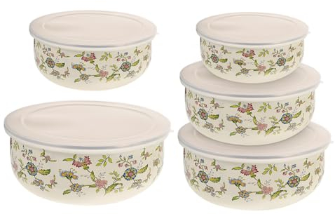 GRIRIW Lot de 5 bols en émail avec couvercle - Bol de service polyvalent pour fruits, salades et soupes pour garder au frais et stocker la cuisine