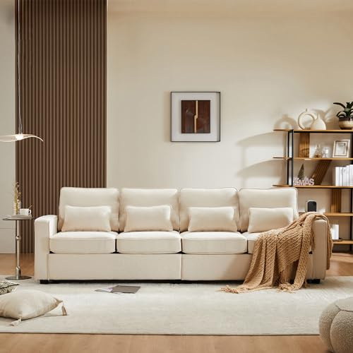 YESGIGA Modernes 4-SitzerSofa aus Leinenstoff, ViersitzerSofa mit Armlehnentaschen und 4 Kissen, Sofa im einfachen Stil, geeignet für Wohnzimmer, Wohnung, Büro (Beige)