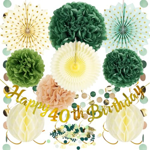 Capaneus 40. Geburtstag Deko Set Grün Gold - Party Dekoration für Frau und Mann, Happy Birthday Girlande, Pompons, Konfetti, Wabenbälle, Punkte Girlande