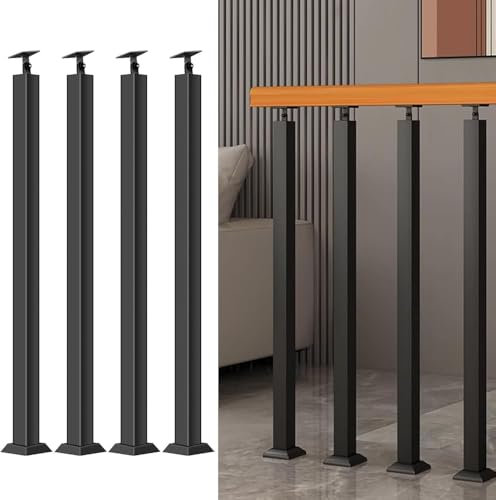 Square Stair Baluster Posts - 270°Adjustable Metal Railing Spindles with Flat Bracket Base,Black Iron Banister Posts for Deck, Balcony, Stair, Decor Railing(Size:2.78ft/85cm,Color:4 Pack Front Mount)