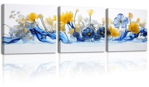 Piy Painting Leinwand Bilder, 3Stück Blaue Blüten Bilder set 30x30cm, Elegante Blumen Wandbilder, Kunstdrucke Bild auf Leinwand für Küche Büro Wohnzimmer, Geburtstagsgeschenk, Eingebauter Holzrahmen