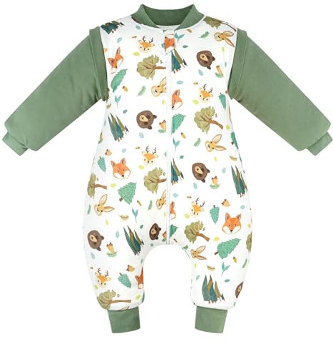 WYTbaby Baby Schlafsack mit Füßen Winter 3.5 Tog Warm Langarm Winterschlafsack 100% Baumwolle Schlafsack Baby mit Abnehmbaren Ärmel für Jungen Und Mädchen,Dunkel Grün/Baby Höhe 90-100cm
