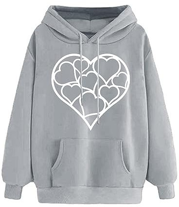 Damen-Sweatshirt mit Kapuze, Übergröße, lässiger Herzdruck, Pullover, Tops, langärmelig, Rundhalsausschnitt, Hoodies, Sweatshirts mit Taschen, Herbstkleidung 2024, 5 Grau, XXL