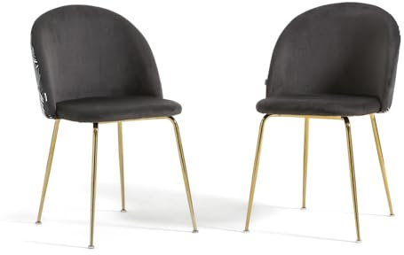 RATTATAN Sara - 2 Stühle in schlichtem oder Teddy-Samt für den Innenbereich mit Metallbeinen (Beine Gold, Samt Graue Farne)