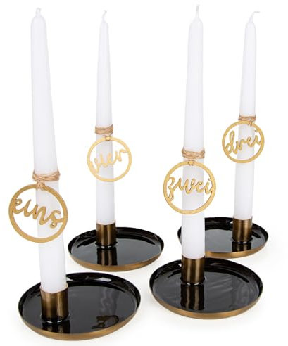 Logbuch-Verlag 4 Adventskranz Weihnachten Geschenk Kerzen mit Schalen + 1 2 3 4 Zahlen aus Holz schwarz Gold weiß für die Adventszeit