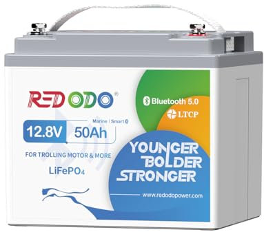 Redodo Batterie LiFePO4 12V 50Ah Bluetooth,Batterie Lithium pour Moteur de Pêche à la Traîne,Protection Contre Les Basses Températures,Légère et Portable,Parfaite pour Camping,Solaire,Bateau
