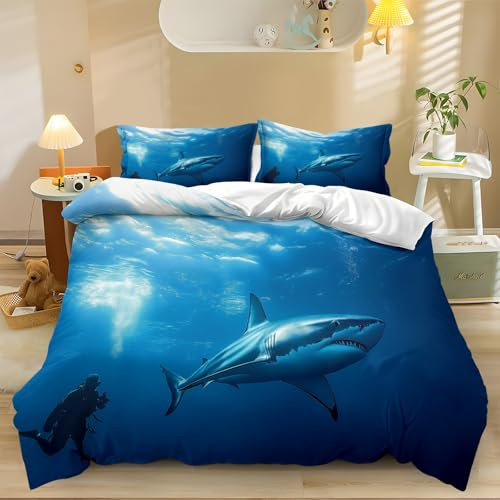 Fotografie Taucher Weißer Hai 3D Bettbezug 200x220cm Bettwäsche Set 3 Teilig mit Reißverschluss Weiche Angenehme Microfaser Bettbezug Kinder Bettwäsche mit 2 Kissenbezug 80x80cm