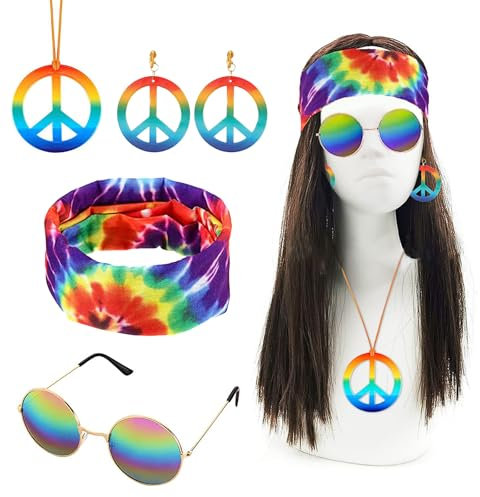 Hippie Perücken Damen 5er Satz 70er Jahre Outfit Hippie Zubehör Braun,Hippies Perücken Accessoires mit Buntes Stirnband,Sonnenbrille,Friedenszeichen Ohrringe und Halskette Kit Verkleidung Zubehör
