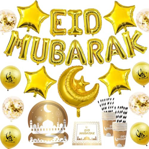 Ramadan Mubarak Party Geschirr Set, 88 Stück Eid Mubarak Party Supplies mit Papierteller, Becher, Servietten, Luftballons, Stroh, Band, Eid Ramadan Mubarak Dekoration, 16 Gäste Partybedarf
