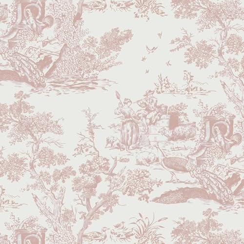 Yomshi 41cm×6m Pink Self Adhesive Wallpaper Tree and Animal Sticky Back Plastic Roll Vintage Garden Style Contact Paper Removable Furniture Stickers for Bedroom Living Room Cabinets