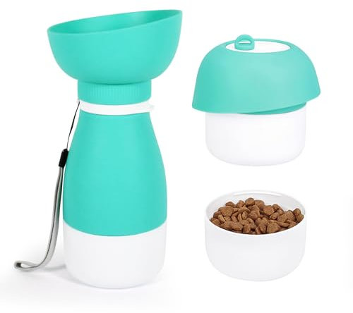 Esoes Silicone Dog Water Bottle, 600ml Portable Pet Travel Squeeze Bottles 3 in 1 Leakproof Dogs Cat Dispenser Bowl with 260ml Food Container Foldable Drinking Bottle for Outdoor Walks Hikes Green