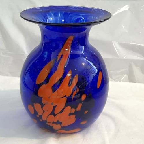 Vase rond en verre soufflé à la bouche - Bleu et orange - Hauteur : env. 20 cm - Diamètre : env. 15 cm