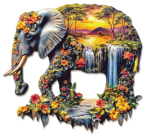 KaayeeWood Wooden Jigsaw Puzzles-249 Pieces Elephant Eden Unique Shape Wooden Puzzles for Adults, Challenge Wood Puzzles with Wood Box, Birthday Gifts for Family Friend(13.3 * 12.4 in)